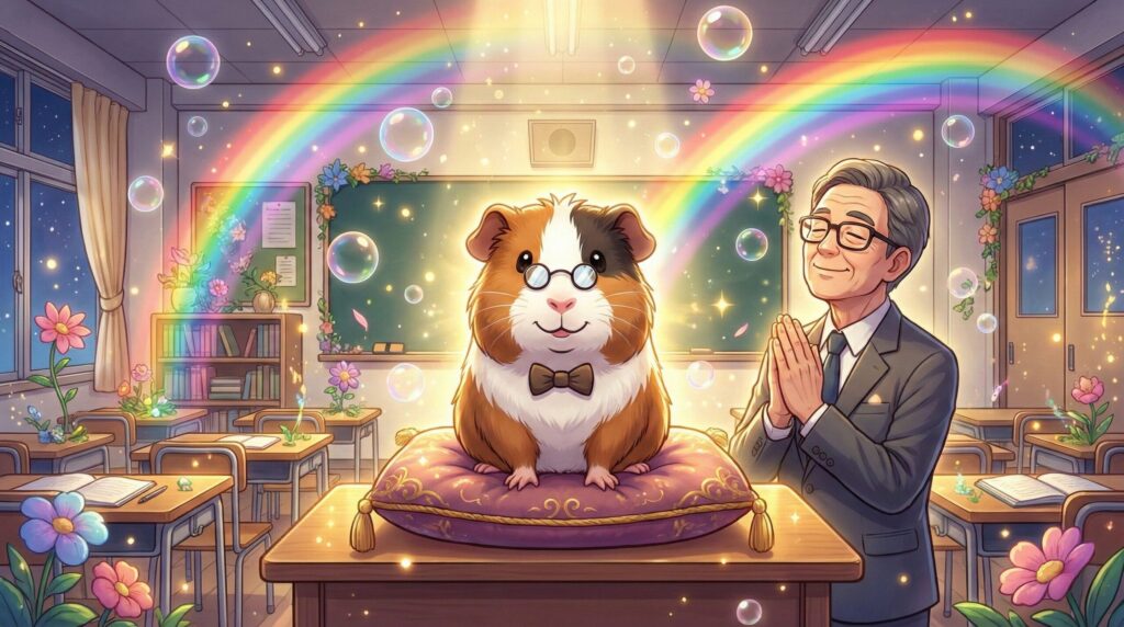 キラキラした光とシャボン玉に包まれた夜の教室で、教卓のクッションに座るモル先生。その前でやすださんが、パソコンを閉じて穏やかな表情で深く呼吸をしている幻想的な漫画イラスト