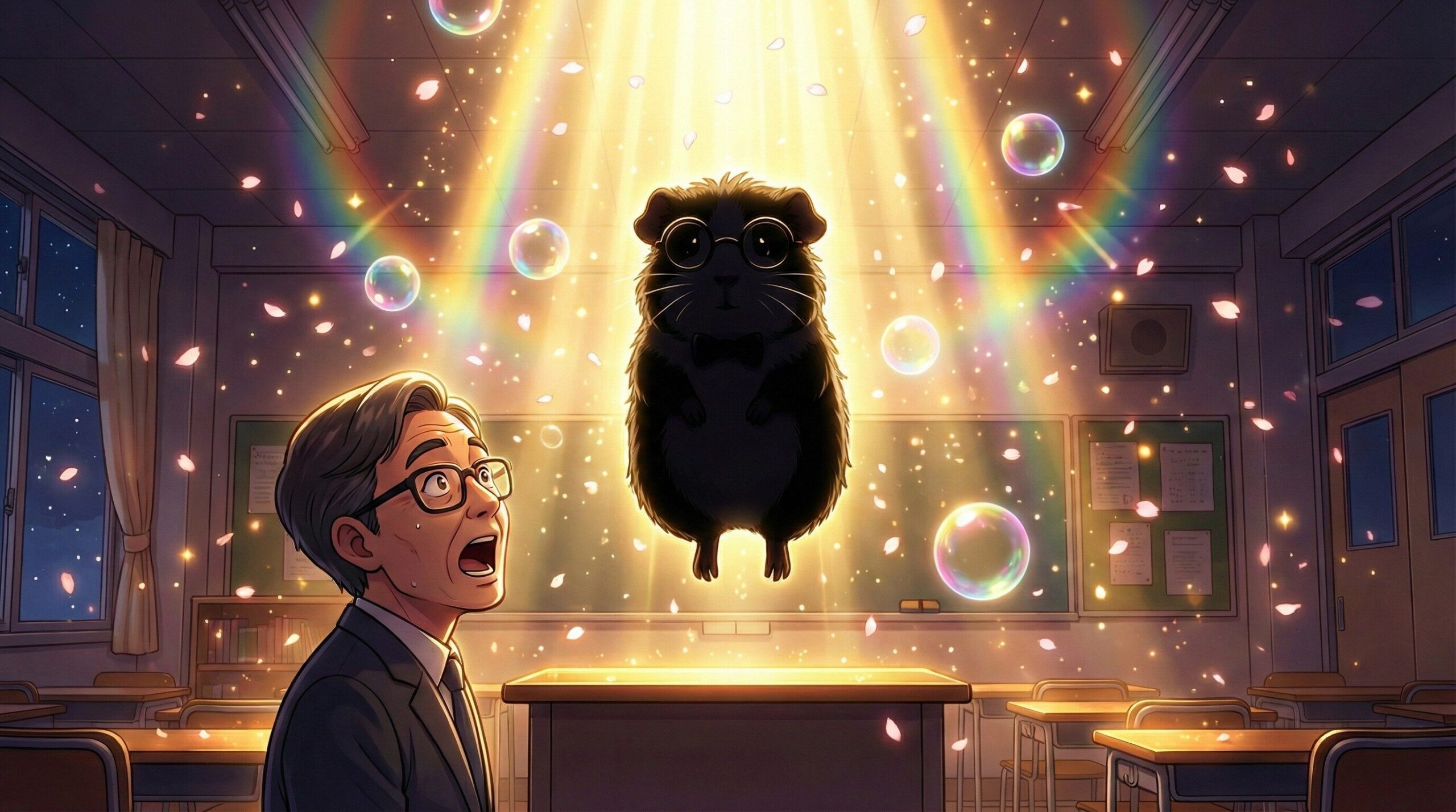 幻想的な夜の学校の教室で、天井から神々しい光のシルエットとなって降りてくるモルモットのキャラクター「モル先生」と、それを驚きの表情で見上げている50代の男性（やすださん）を描いた、キラキラしたファンタジー漫画風イラスト。