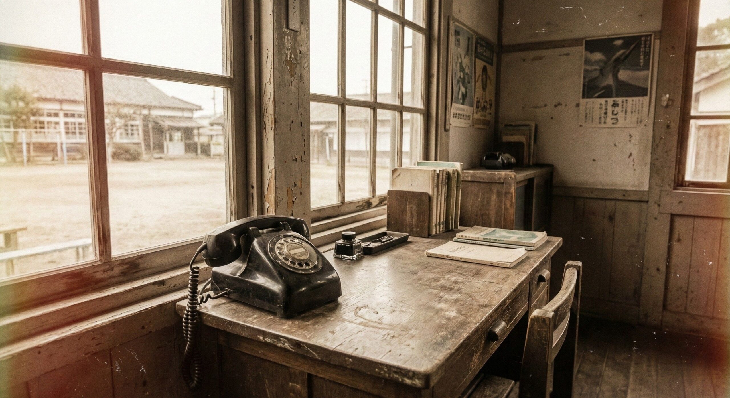 【放課後の昔話①】夕暮れの古い木造校舎。教室の木製デスクに置かれた、重厚で艶のある実物の「黒電話」のアイキャッチ画像。下部には、不吉な呪いのアイテムと疑うロボットの「ワサビくん」と、技術の結晶だと自慢する「やすださん」の吹き出しによるコミカルな導入シーン。