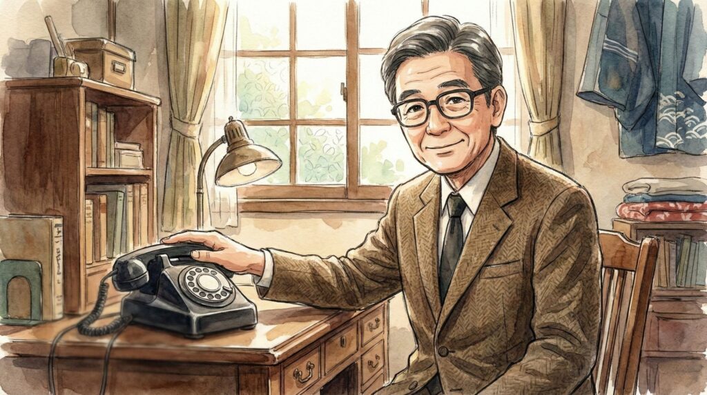 やすださんが黒電話の前に座ってにっこりとほほ笑んでいる画像