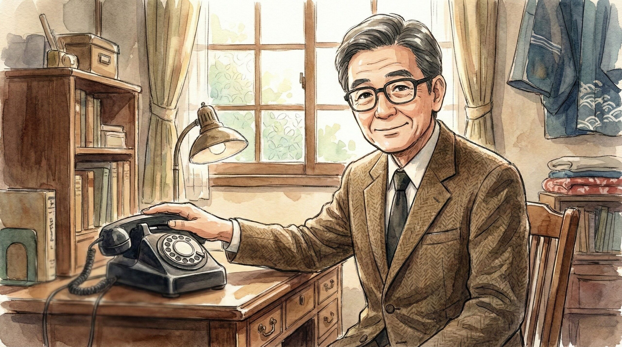 やすださんが黒電話の前に座ってにっこりとほほ笑んでいる画像