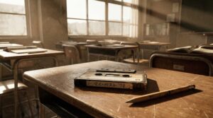 【放課後の昔話②】放課後の無人の教室。手前の机に置かれた、「マイ・ベスト '78」と手書きされた実物の「カセットテープ」と、テープのたるみを巻くための鉛筆。 [cite: 2026-01-15, 2026-01-16] ロボットの「ワサビくん」がテープを燃えるゴミと呼び、50代の「やすださん」が青春の結晶だと叫ぶキャラクター同士の掛け合い。