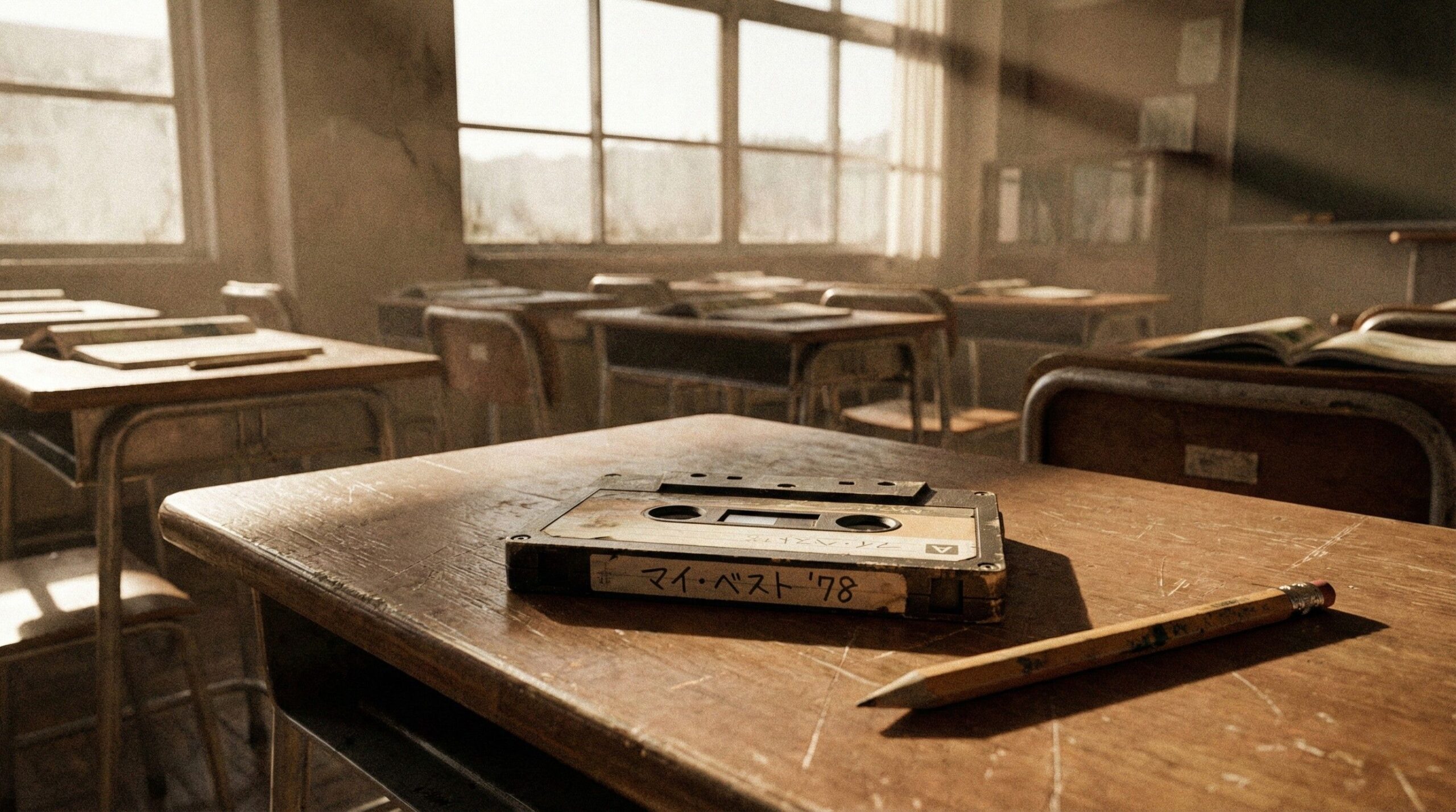 【放課後の昔話②】放課後の無人の教室。手前の机に置かれた、「マイ・ベスト '78」と手書きされた実物の「カセットテープ」と、テープのたるみを巻くための鉛筆。 [cite: 2026-01-15, 2026-01-16] ロボットの「ワサビくん」がテープを燃えるゴミと呼び、50代の「やすださん」が青春の結晶だと叫ぶキャラクター同士の掛け合い。