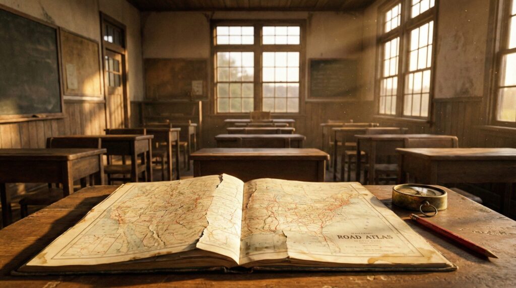 夕暮れの木造校舎で、使い込まれた大きな紙の道路地図（アトラス）を広げ、楽しそうに指でなぞる50代男性「やすださん」。その横で、呆れたようにホログラム地図を表示させる**AIロボット「ワサビくん」のイラスト。GPSのない時代の「迷子という贅沢」**とデジタル効率の対比。