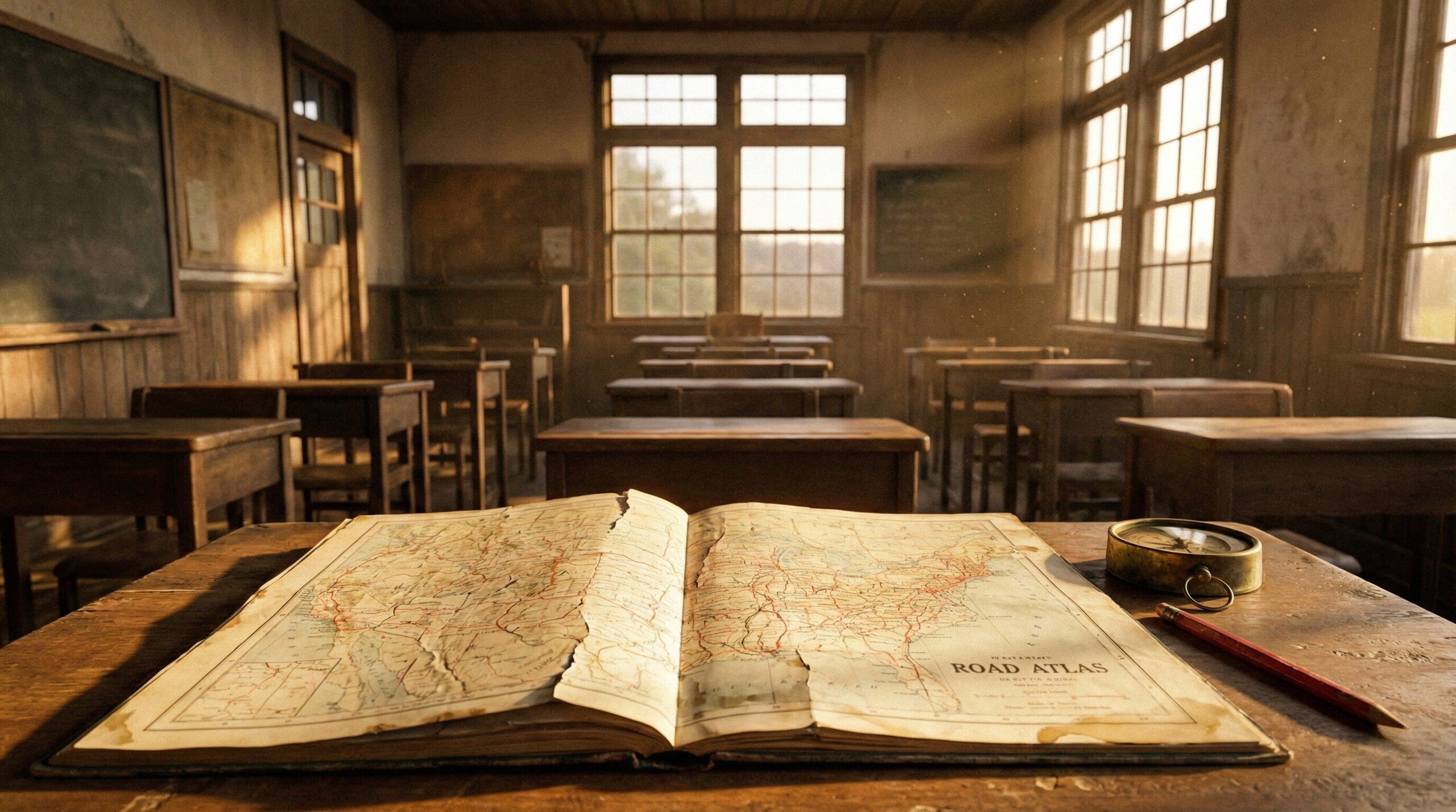 夕暮れの木造校舎で、使い込まれた大きな紙の道路地図（アトラス）を広げ、楽しそうに指でなぞる50代男性「やすださん」。その横で、呆れたようにホログラム地図を表示させる**AIロボット「ワサビくん」のイラスト。GPSのない時代の「迷子という贅沢」**とデジタル効率の対比。