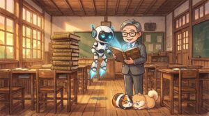 夕暮れの教室で、金文字の百科事典を広げて楽しそうに読む50代男性のやすださん。足元で眠るポメラニアンとモルモットのモル先生、そして横で呆れたようにホバリングするAIロボットのワサビくんを描いた温かい水彩画風イラスト。