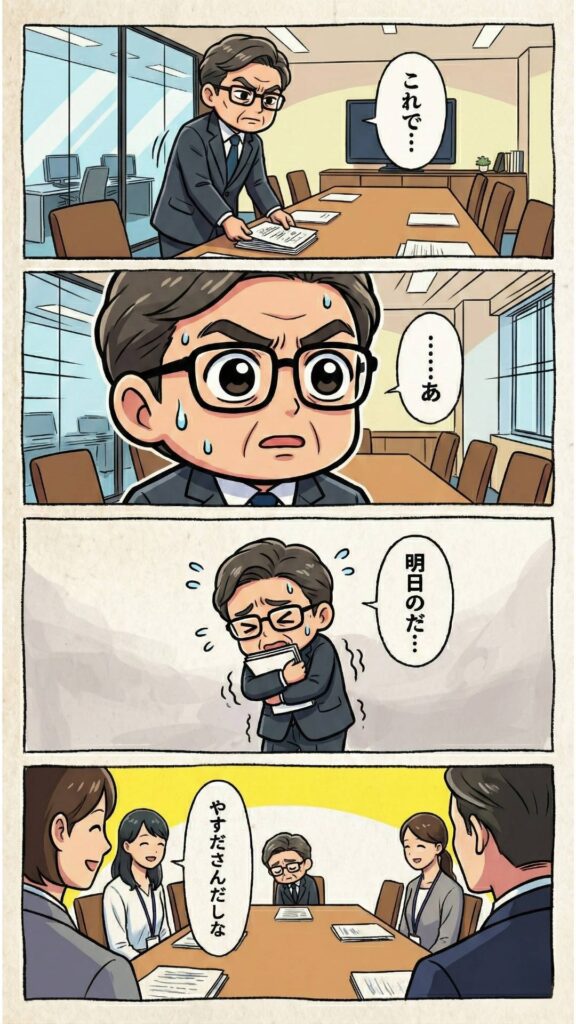 4コマ漫画「それゆけやすだ」第1話。会議で明日の資料を配ってしまう安田さん。